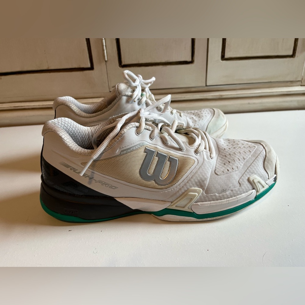 Men’s Wilson Rush Pro 2.5 Tennis Shoe, White/Ebony/ Deep Green Activewear 10.5